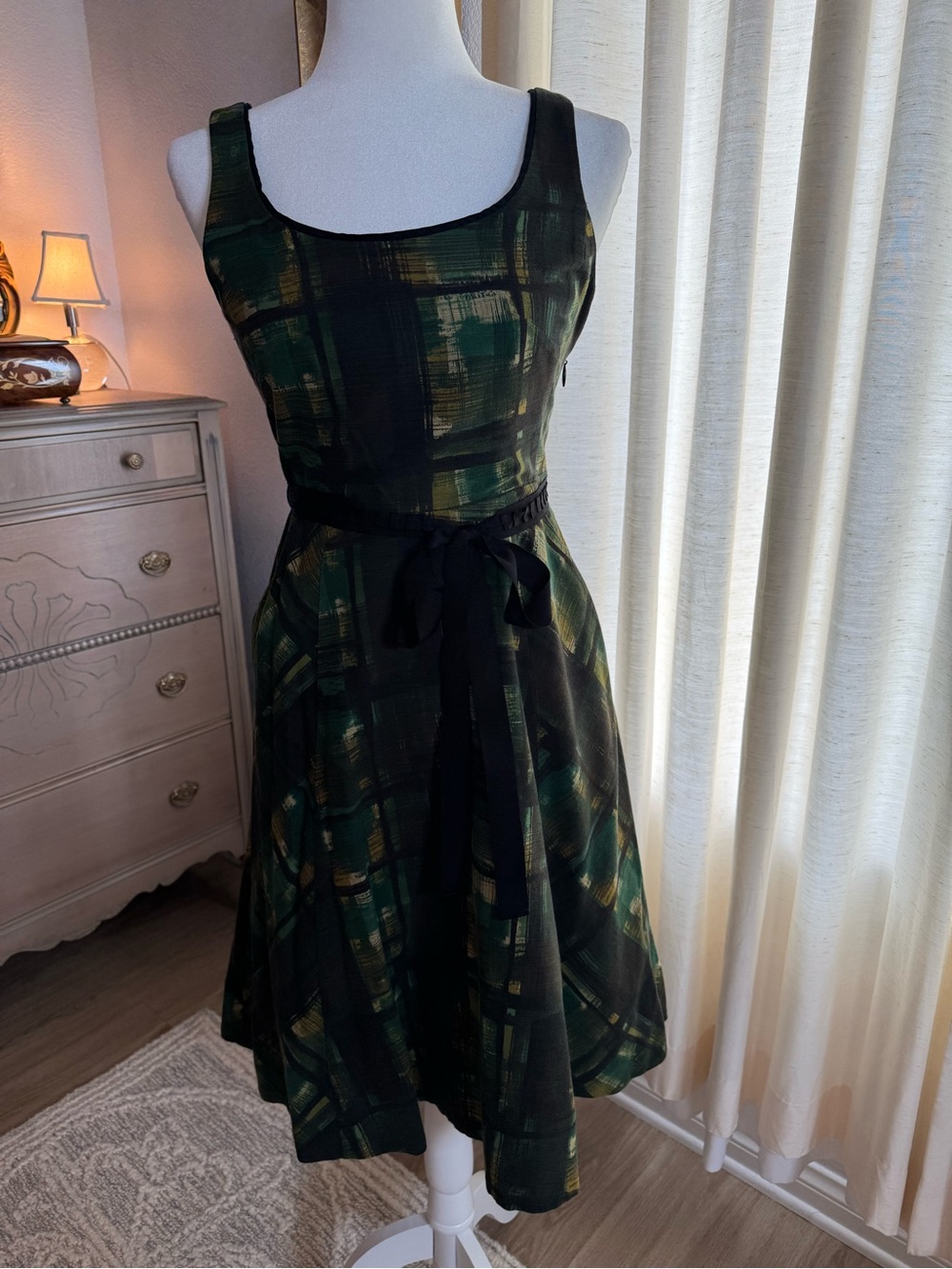 Maeve Black and Green Plaid Fit-and-Flare Midi Dress with Waist Tie